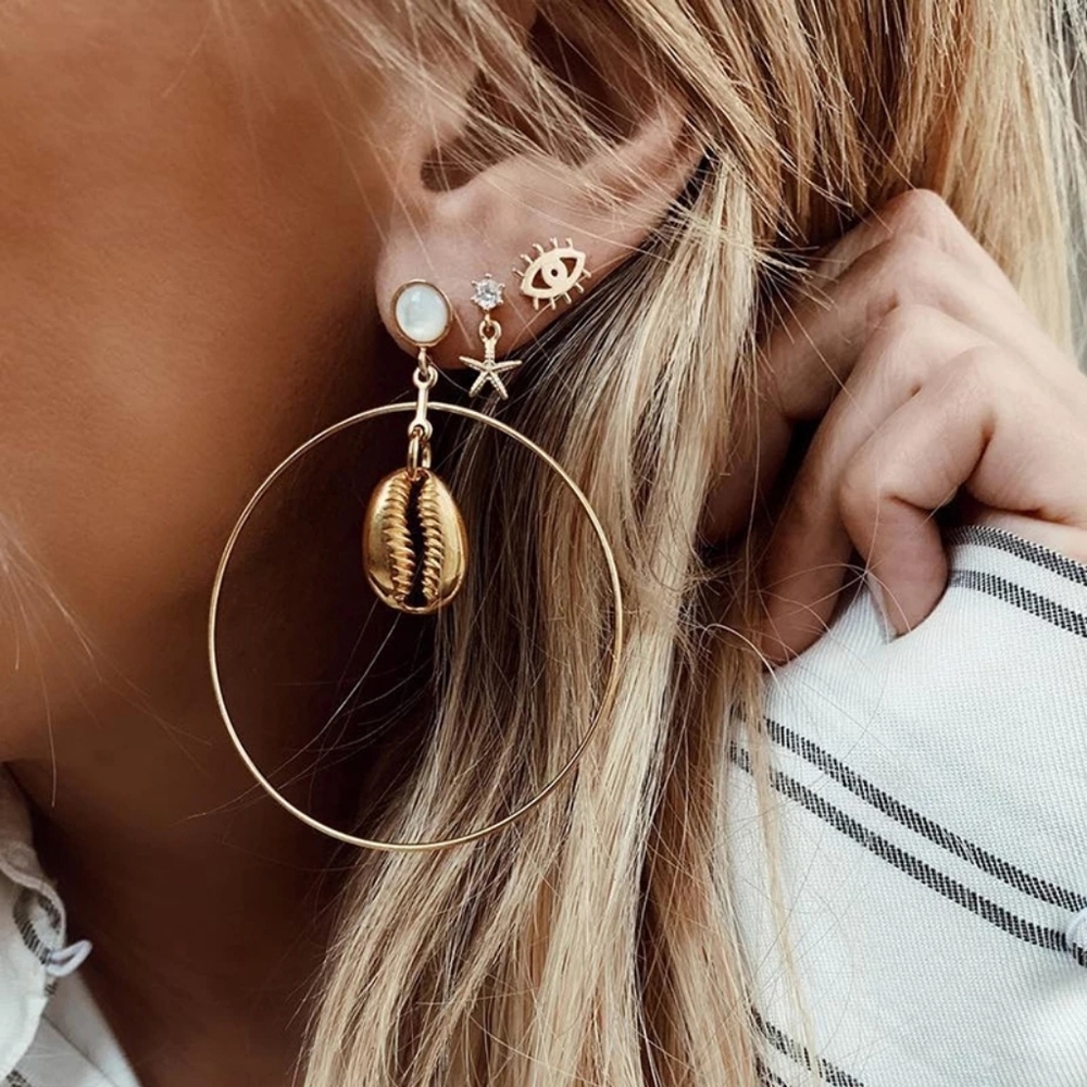 Conch Cowrie Shell Sea Star Hoop Earrings Set